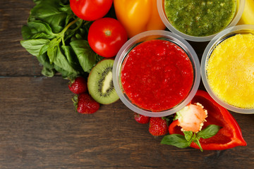 Fresh juice mix fruit, healthy drinks on wooden table background
