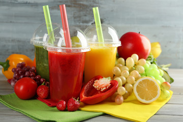 Fresh juice mix fruit, healthy drinks on wooden table background