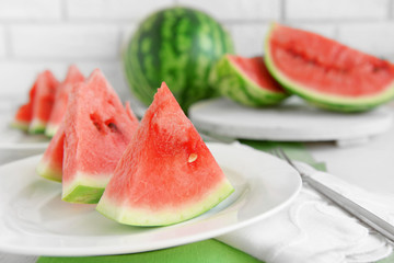 Sliced watermelon on plate closeup