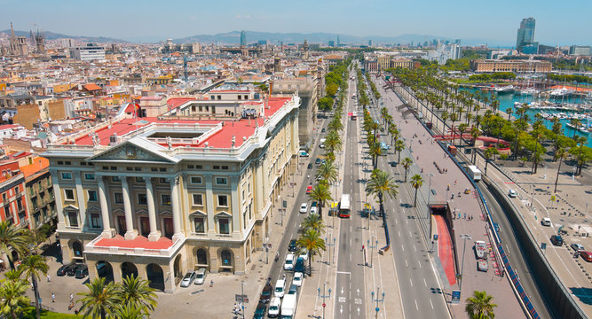 Barcelona panorama cityscape, city streets traffic aerial view