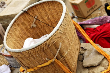 Handmade wicker basket. Courtyard of homestead near Shigatse-Tibet. 1770
