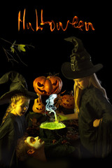 Two little witch cooks a magic potion on Halloween.