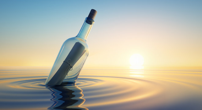 Flaschenpost im Sonnenuntergang