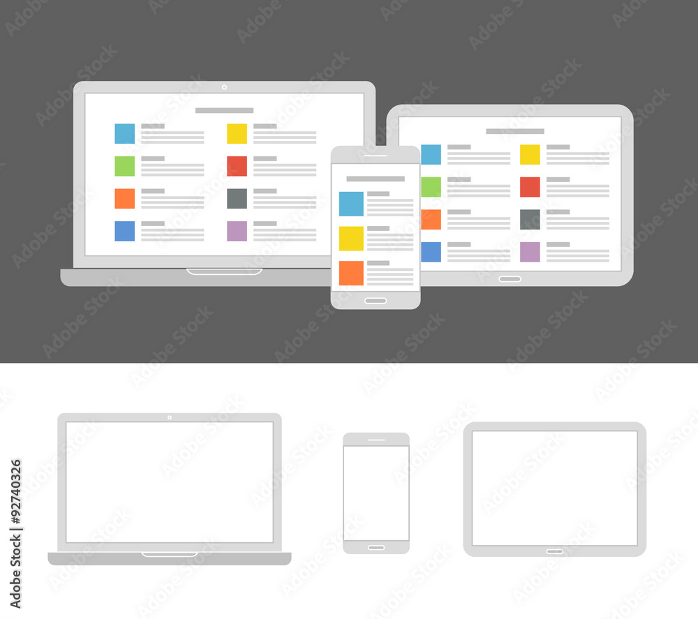 Poster Different modern devices with same content. Flat design template