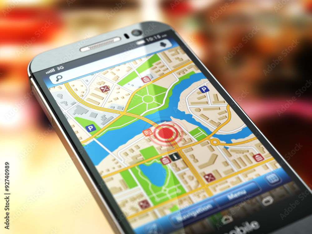 Poster mobile gps navigation concept. smartphone with city map on the s
