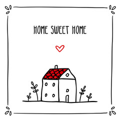 Cute doodle card design with phrase about home and small sketch