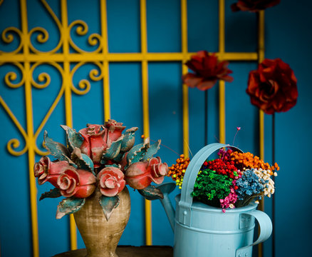 Different gardening stuff over colors background