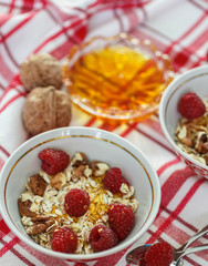 Homemade granola with raspberries, walnuts and honey