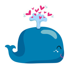 Cute whale with a fountain of hearts isolated on white