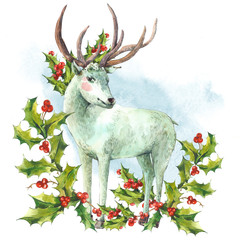 Watercolor greeting card, Snow white deer with Holly 