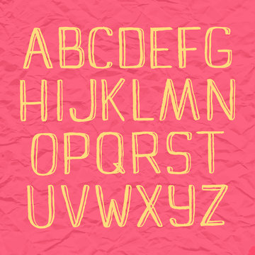 Girlish hand drawing sketch vector alphabet, pink & yellow uppercase type thin handwritten letters