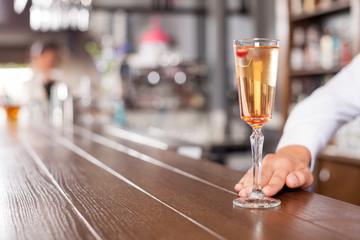 Professional male bartender is serving drink in pub
