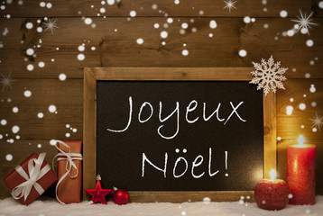 Obraz na płótnie Canvas Card, Blackboard, Snowflakes, Joyeux Noel Mean Merry Christmas