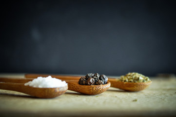 Sea salt and peppercorns and oregano on wooden spoons