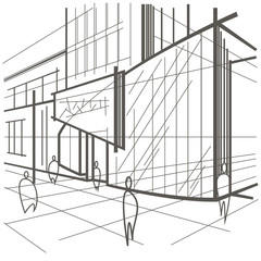 architectural linear sketch modern building, fragment of street on white background