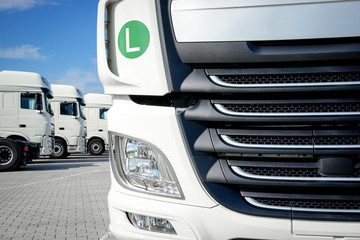 Spedition - Transport, im Depot geparkte weiße Lastkraftwagen
