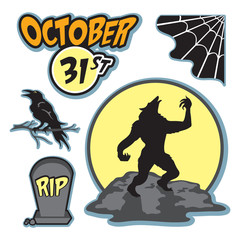 Werewolf howling in front of moon illustration set