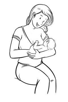 Dibujo a linea mujer dando el pecho sentada a su bebe reci&eacute;n nacido sobre fondo blanco