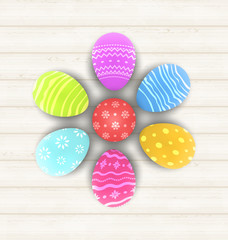 Fototapeta na wymiar Easter set painted eggs on wooden texture