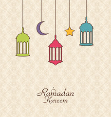 Naklejka premium Celebration Islamic Card with Arabic Hanging Lamps for Ramadan K