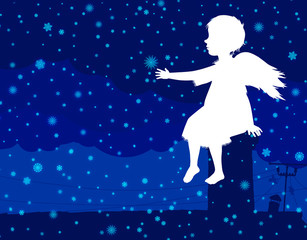Fototapeta na wymiar Background image of an angel sitting in the night sky of snow.