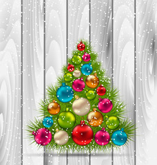 Christmas Tree and Colorful Balls on Wooden