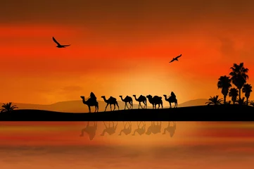Papier Peint photo autocollant Rouge Caravane de chameaux