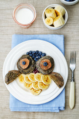 blueberry chocolate pancake with bananas in the shape of an owl