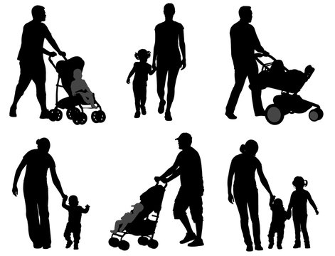 parents walking with their children silhouettes - vector