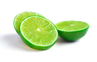 close up of lime slices isolated on white background