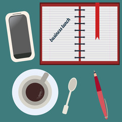 Desktop, business lunch. Flat set.