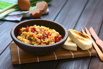 Scrambled eggs made with red bell pepper and green onion in rustic bowl with toasted bread on the side, photographed with natural light (Selective Focus, Focus one third into the eggs)