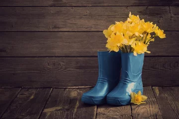 Photo sur Aluminium Narcisse child garden shoes with spring flowers