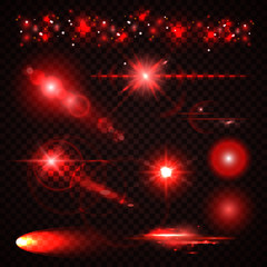 Set of red Light effects, spotlights, flash, stars and particles