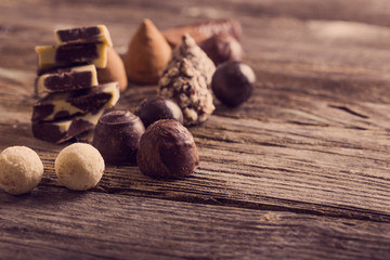 chocolate on old wooden table