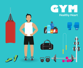 Fitness sport gym exercise equipment workout flat set concept. Vector illustration for colorful