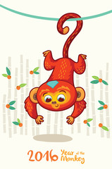 New Year card with Red Monkey for year 2016