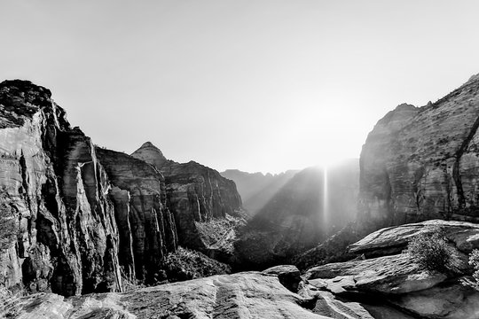 Fototapeta sunny day at Zion national park,USA in black and white