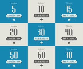 Vector set of anniversary signs, symbols. 5, 10, 15, 20, 30, 40, 50, 60, 70 years jubilee design elements collection.