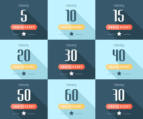 Vector set of anniversary signs, symbols. 5, 10, 15, 20, 30, 40, 50, 60, 70 years jubilee design elements collection.