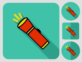 Touristic equipment. Flashlight. Flat long shadow design. Hiking icons series.