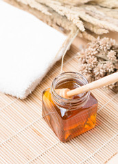 honeycomb, honey on wooden background