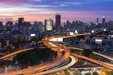 Twilight of Bangkok elevated road junction and interchange overpass