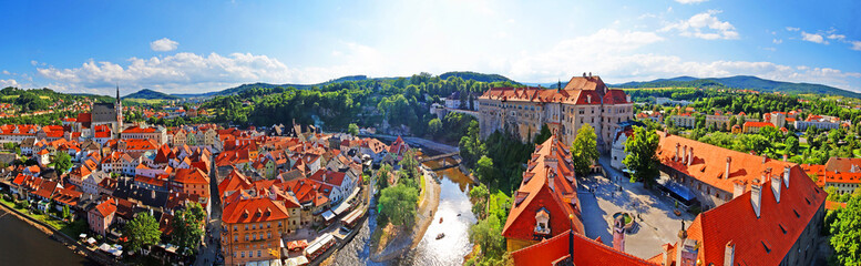 Aerial panoramic view of Cesky Krumlov Castle and Vltava River