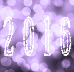 2016 New Year greeting card made of white shiny bokeh digits on purple bokeh background.