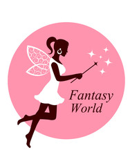 ilhouette of a graceful fairy with a magic wand and stars on a pink round background 