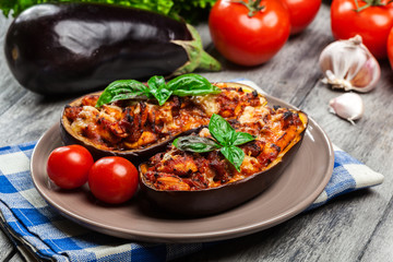 Baked eggplant with pieces of chicken - obrazy, fototapety, plakaty