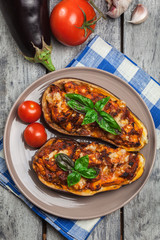 Baked eggplant with pieces of chicken
