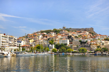 Fototapeta na wymiar Kavala, Greece - view of the fortress on Panagia hill and the ancient town wall