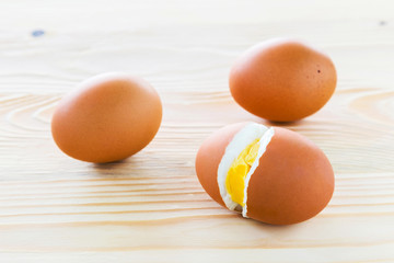 Boiled eggs, three eggs are lined.